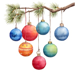May include: Watercolor illustration of Christmas ornaments hanging from a pine branch. The ornaments are various colors, including blue, red, orange, and green. Some have decorative patterns. The image has a festive, holiday theme.
