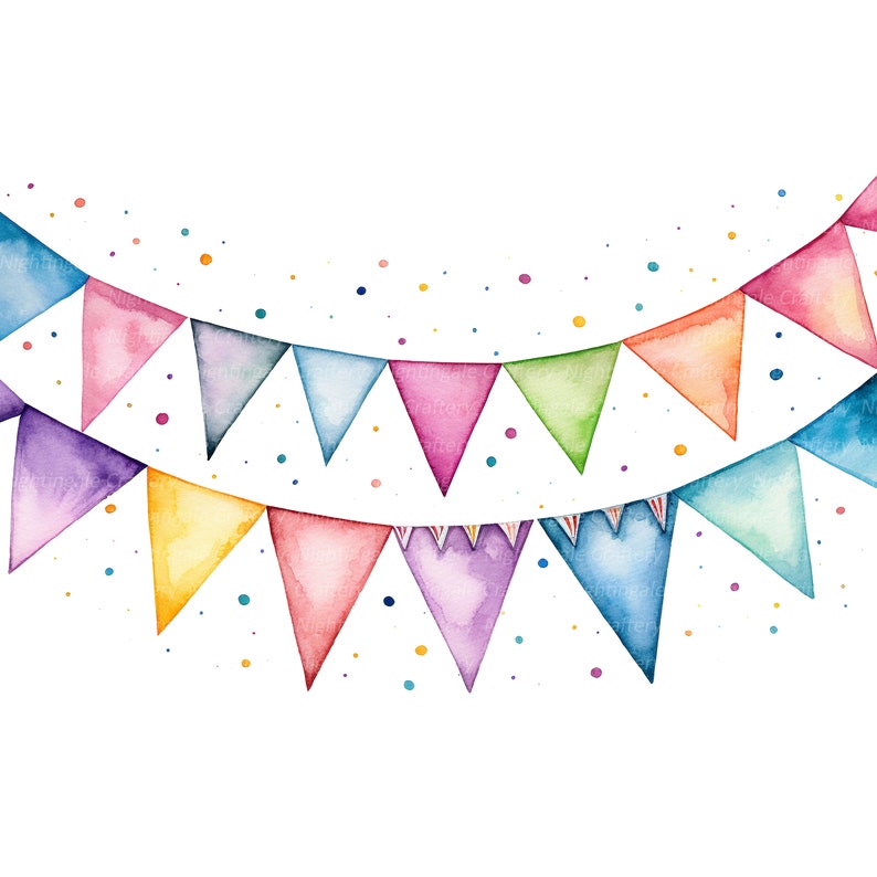 May include: Watercolor illustration of colorful pennant flags in shades of blue, pink, green, orange, yellow, and purple. The flags are strung together in a festive banner, with scattered confetti dots. Perfect for party decorations.