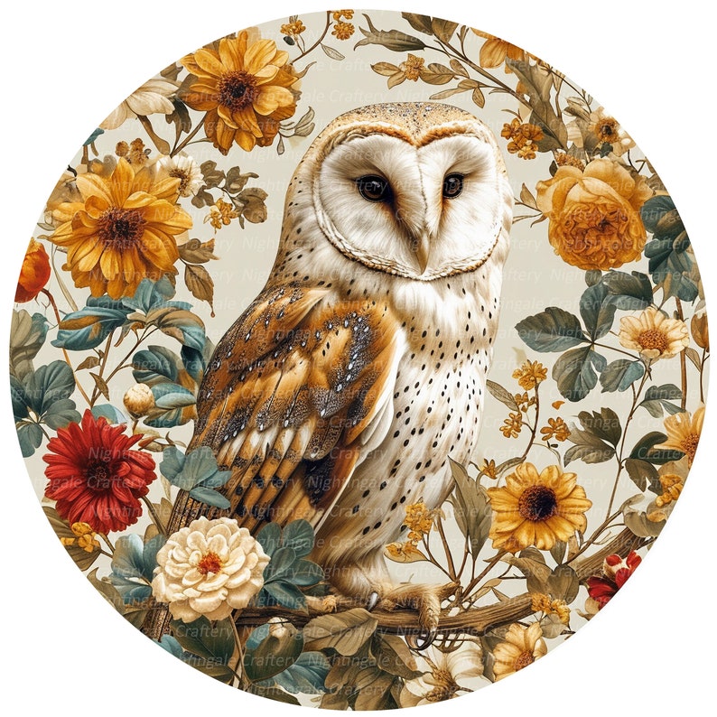 Peut inclure: Un hibou des granges blanc et brun perch&eacute; sur une branche entour&eacute; d'une vari&eacute;t&eacute; de fleurs color&eacute;es, y compris des fleurs jaunes, rouges et blanches. Les yeux du hibou sont ferm&eacute;s et ses plumes sont orn&eacute;es de motifs complexes.