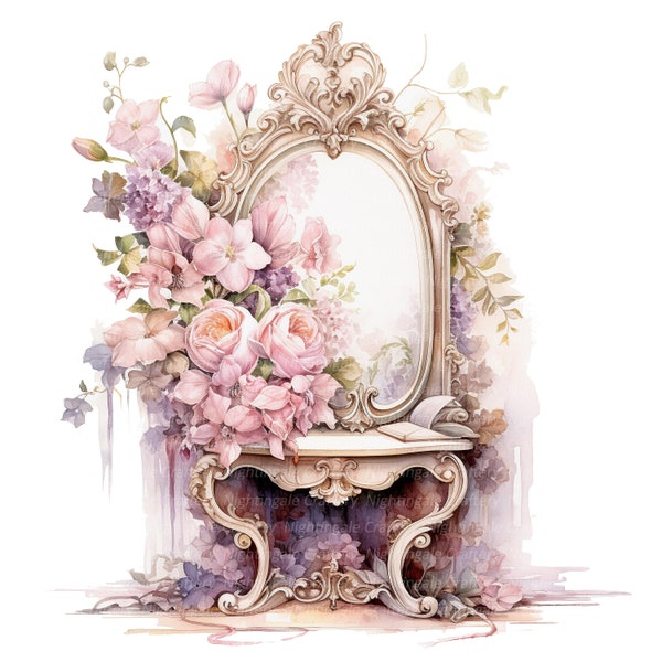 10 imágenes prediseñadas de espejo floral vintage, Shabby Chic, imágenes prediseñadas de acuarela imprimibles, JPG de alta calidad, descarga digital, artesanía de papel, diarios basura