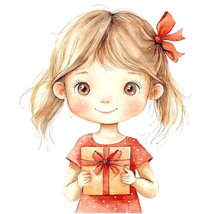10 Mädchen mit Geschenk Clipart, Geburtstagskarte, druckbare Aquarell Clipart, hochwertige JPGs, digitaler Download, Papiermodell, Junk Journals