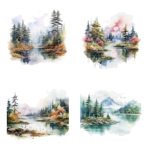 Puede incluir: Cuatro acuarelas que representan escenas de bosque con lagos y monta&ntilde;as. Cada pintura presenta una paleta de colores y una composici&oacute;n diferentes, con &aacute;rboles verdes exuberantes, agua azul y una atm&oacute;sfera brumosa.
