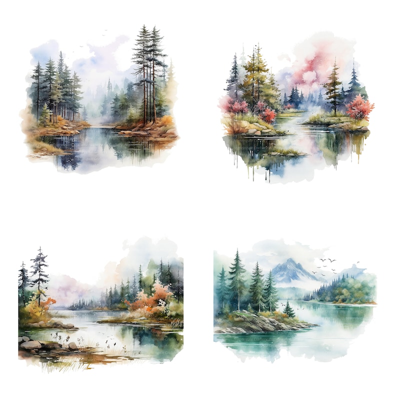 Puede incluir: Cuatro acuarelas que representan escenas de bosque con lagos y monta&ntilde;as. Cada pintura presenta una paleta de colores y una composici&oacute;n diferentes, con &aacute;rboles verdes exuberantes, agua azul y una atm&oacute;sfera brumosa.