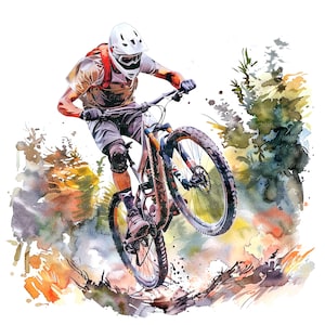 10 Mountain bike Clipart, MTB Jumping, DirtBike, Clipart acquerello stampabile, PNG/JPG di alta qualità, Download digitale, Carta artigianale, diari