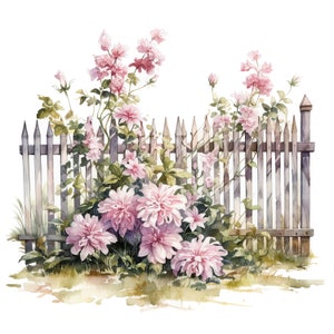 10 Vintage Floral Fence Clipart, Flower Fence, Printable Watercolor clipart, Wysokiej jakości JPG, Pobieranie cyfrowe, Rękodzieło papierowe, Dzienniki śmieci