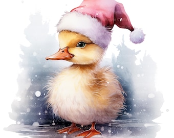 10 Duckling with Santa Hat Clipart, Duckling, Printable Watercolor clipart, High Quality JPGs, Digital download, Paper craft, junk journals
