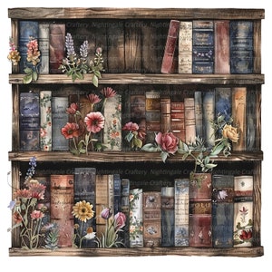 May include: A wooden bookshelf with three shelves filled with vintage books. The books are arranged in rows and are mostly brown, blue, and red. There are flowers and greenery growing around the books, adding a touch of nature to the scene.