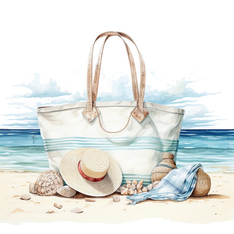 May include: A white and blue striped beach tote bag with brown leather handles. The bag is on a sandy beach with a straw hat, seashells, and a blue and white checkered towel.