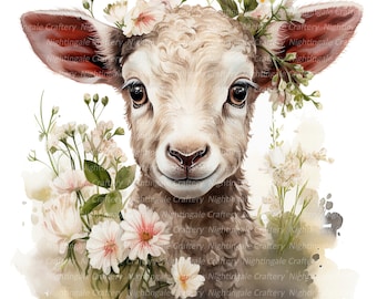 Lamb in Flowers Clipart, Printable Watercolor clipart, 12 High Quality JPG/PNGs, Digital download, Paper craft, junk journals