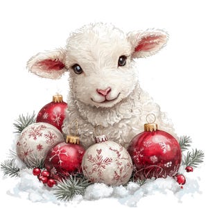 May include: A digital illustration of a white lamb with a smiling expression, surrounded by red and white Christmas ornaments, pine needles, and red berries, all resting on a bed of snow. The ornaments have snowflake designs.