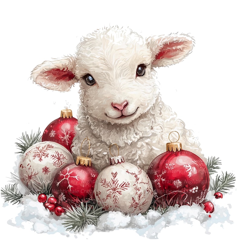 May include: A digital illustration of a white lamb with a smiling expression, surrounded by red and white Christmas ornaments, pine needles, and red berries, all resting on a bed of snow. The ornaments have snowflake designs.