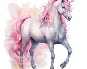 May include: A white unicorn with a pink mane and tail stands on a pink watercolor background. The unicorn has a long, spiraled horn.