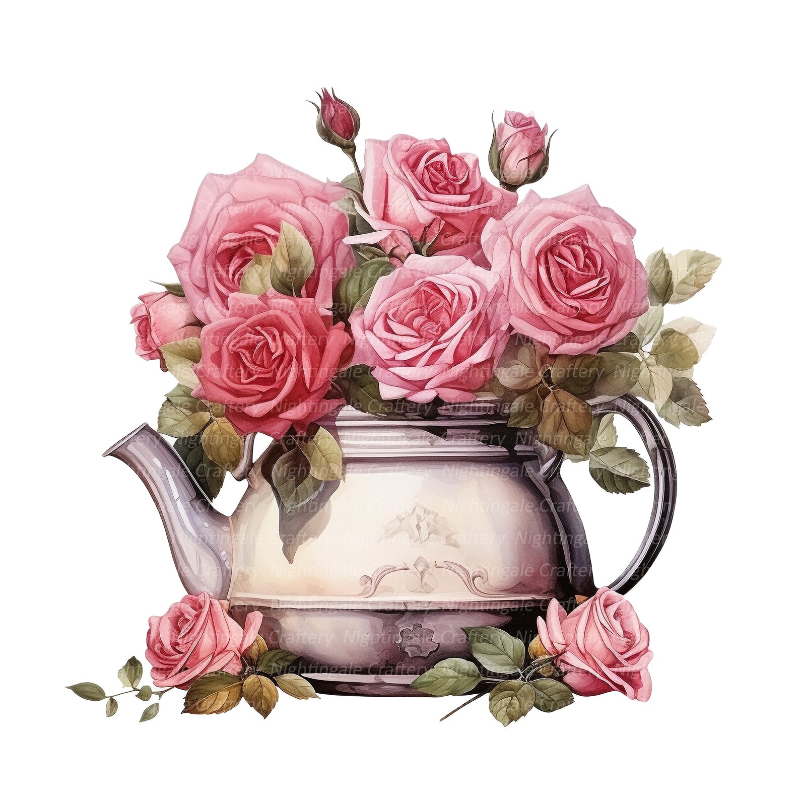 10 Pink Roses in Pot Clipart, Roses Bouquet, Printable Watercolor ...