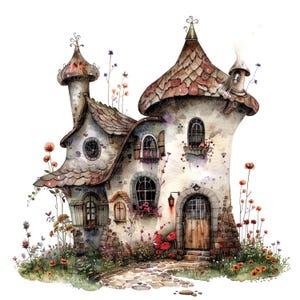 12 Whimsical House Clipart, Abstract Fairy House, clipart em aquarela para impressão, JPGs de alta qualidade, download digital, artesanato em papel, diários