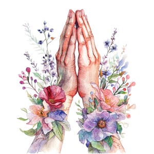 Può includere: Illustrazione ad acquerello di due mani giunte in preghiera, circondate da fiori e foglie colorate. I fiori presentano sfumature di rosa, viola e blu, creando una composizione serena e artistica.