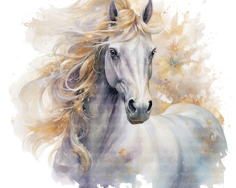 May include: A white horse with a flowing mane and tail, painted in a watercolor style with a soft, golden background.