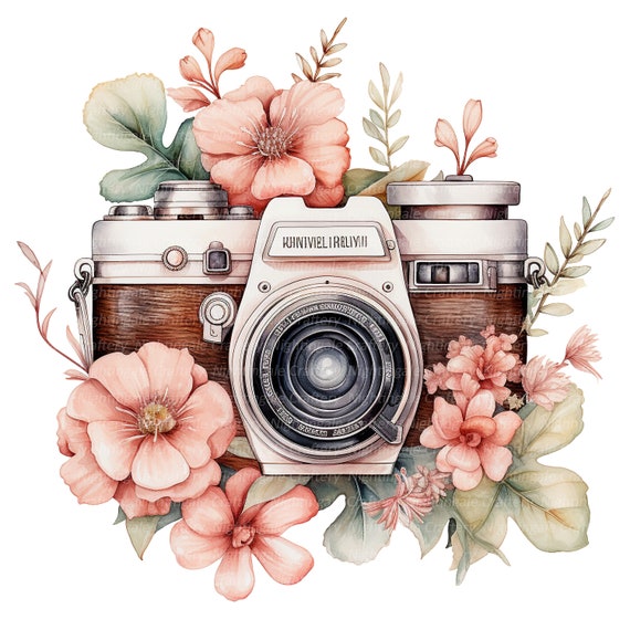 10 Vintage Floral Camera Clipart, Photo camera, Printable Watercolor clipart, High Quality PNG, Digital download, Paper craft, junk journals