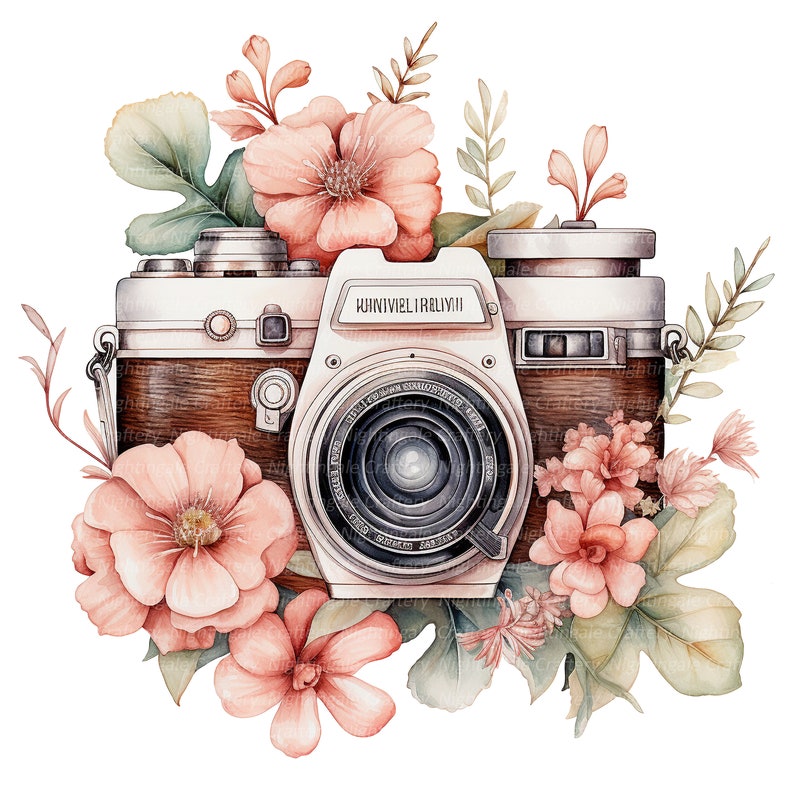 K&ouml;nnte beinhalten: Eine Vintage-Kamera mit braunem Ledergeh&auml;use und silbernen Akzenten ist von rosa Blumen und gr&uuml;nen Bl&auml;ttern umgeben. Das Kameraobjektiv tr&auml;gt den Schriftzug "KUNIIVIEL RELIYII".