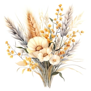 14 PNG Pampa Grass Flowers Bouquet Clipart, Clipart di fiori secchi, Clipart di acquerelli stampabili, Download digitale, Carta artigianale, diario di scarto
