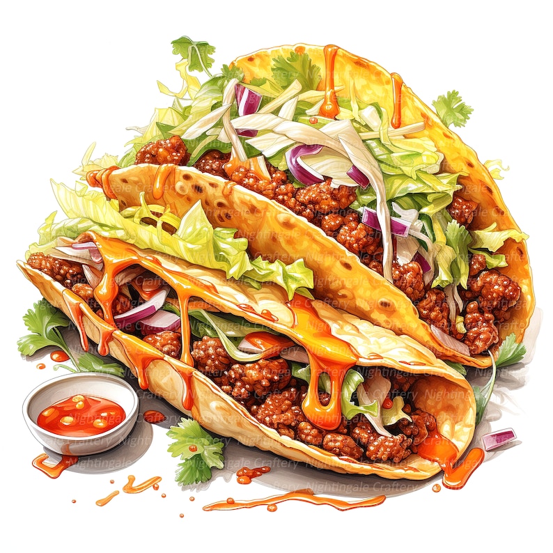 May include: Three soft tacos filled with ground beef, shredded cabbage, and red onion. The tacos are topped with a bright orange sauce and are arranged on a white background.