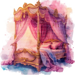 8 Magic Princess Bett Clipart, rosa Schlafzimmer, druckbare Aquarell Clipart, hochwertige JPGs, digitaler Download, Papiermodell, Junk Journals
