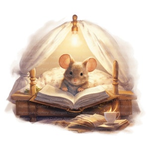 12 Maus lesen Buch Clipart, Maus Schlafzimmer, druckbare Aquarell Clipart, hochwertige PNGs, digitaler Download, Papierhandwerk, Junk Journal