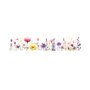 Peut inclure: Une peinture &agrave; l'aquarelle d'un champ de fleurs sauvages dans des tons de rose, violet, jaune et bleu.