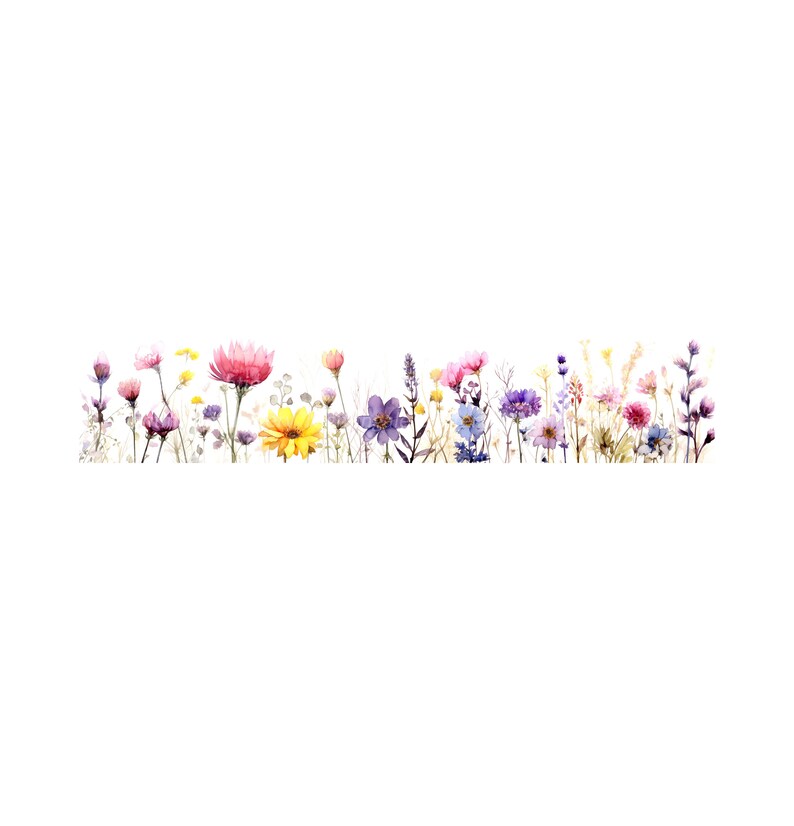 Peut inclure: Une peinture &agrave; l'aquarelle d'un champ de fleurs sauvages dans des tons de rose, violet, jaune et bleu.