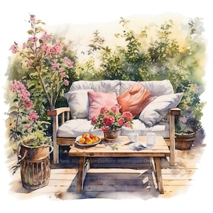 12 Clipart de área de estar de jardim, sofá de jardim, clipart em aquarela para impressão, JPGs de alta qualidade, download digital, artesanato em papel, diários indesejados