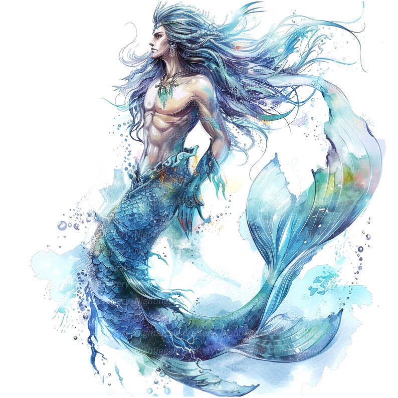 May include: A watercolor painting of a blue-tailed mermaid with long, flowing blue hair. The mermaid is depicted with a muscular torso and a fishtail with scales. The background is a light blue watercolor wash with white splashes.
