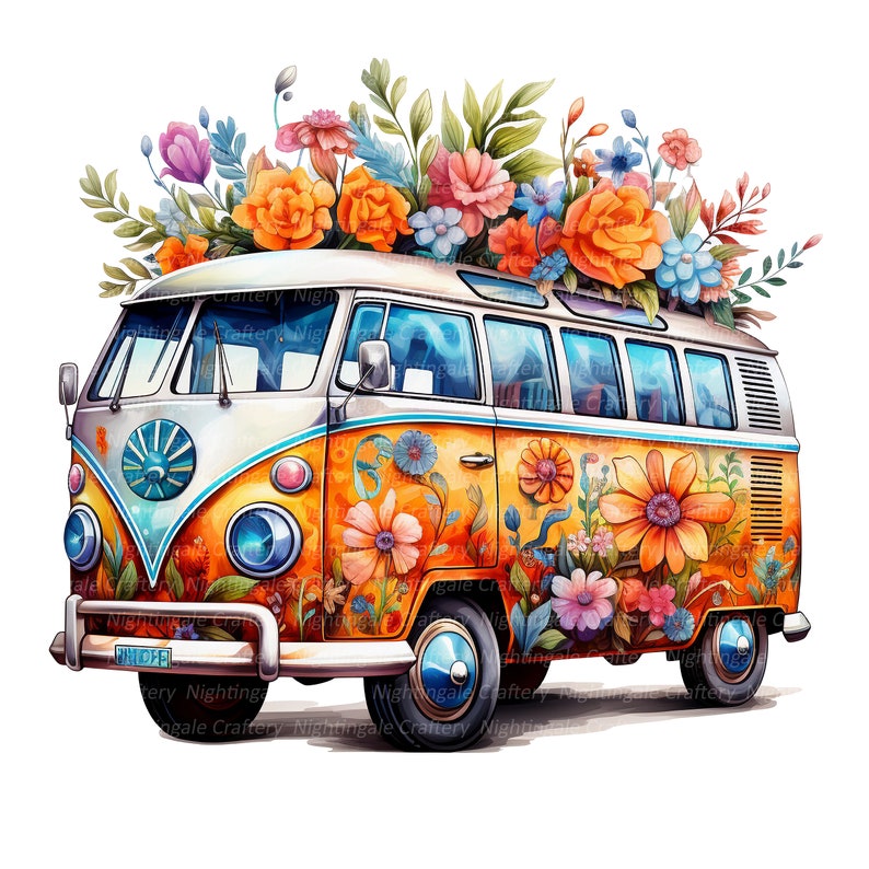 10 Floral Hippie Bus Clipart, Hippie Van, Printable Watercolor clipart, High Quality JPGs, Digital download, High Resolution, Paper craft image 10