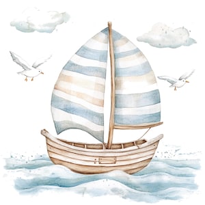 May include: A watercolor painting of a sailboat with a blue and white striped sail, sailing on a blue ocean with white clouds in the sky. Two white seagulls are flying above the boat.