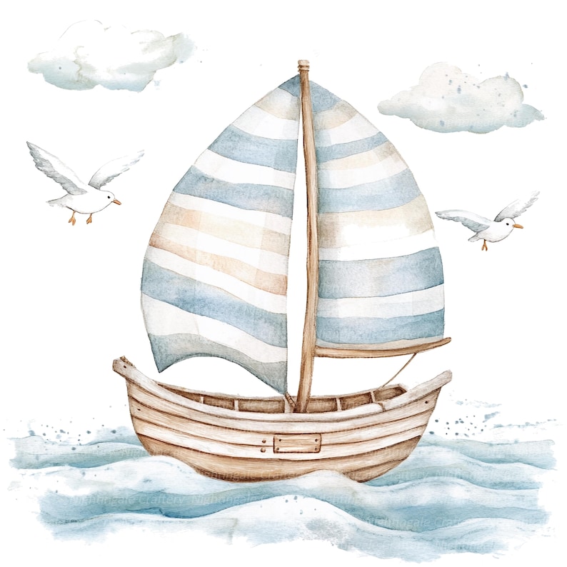 May include: A watercolor painting of a sailboat with a blue and white striped sail, sailing on a blue ocean with white clouds in the sky. Two white seagulls are flying above the boat.