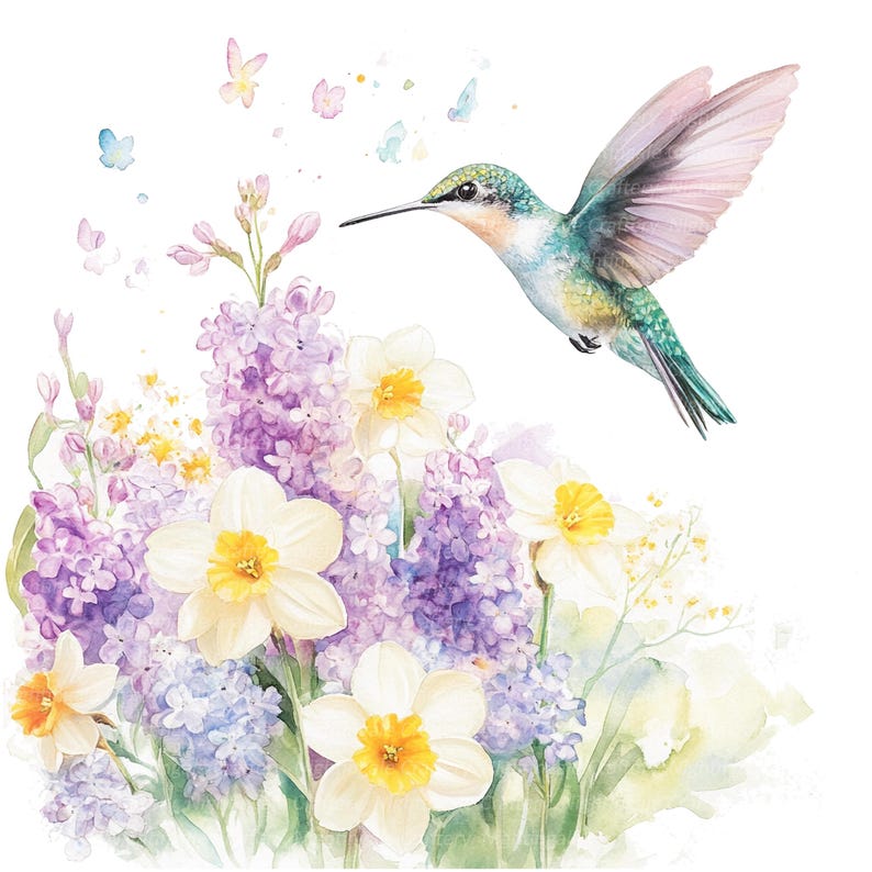 Puede incluir: Una pintura de acuarela de un colibr&iacute; con plumas verdes y azules flotando sobre un ramo de flores moradas y blancas. Las flores est&aacute;n dispuestas en un racimo e incluyen lila y narcisos.