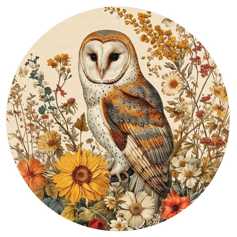 Peut inclure: Un hibou des granges blanc et brun aux yeux jaunes perch&eacute; sur une branche entour&eacute; d'une vari&eacute;t&eacute; de fleurs et de feuillages color&eacute;s. Le hibou regarde vers la gauche de l'image.