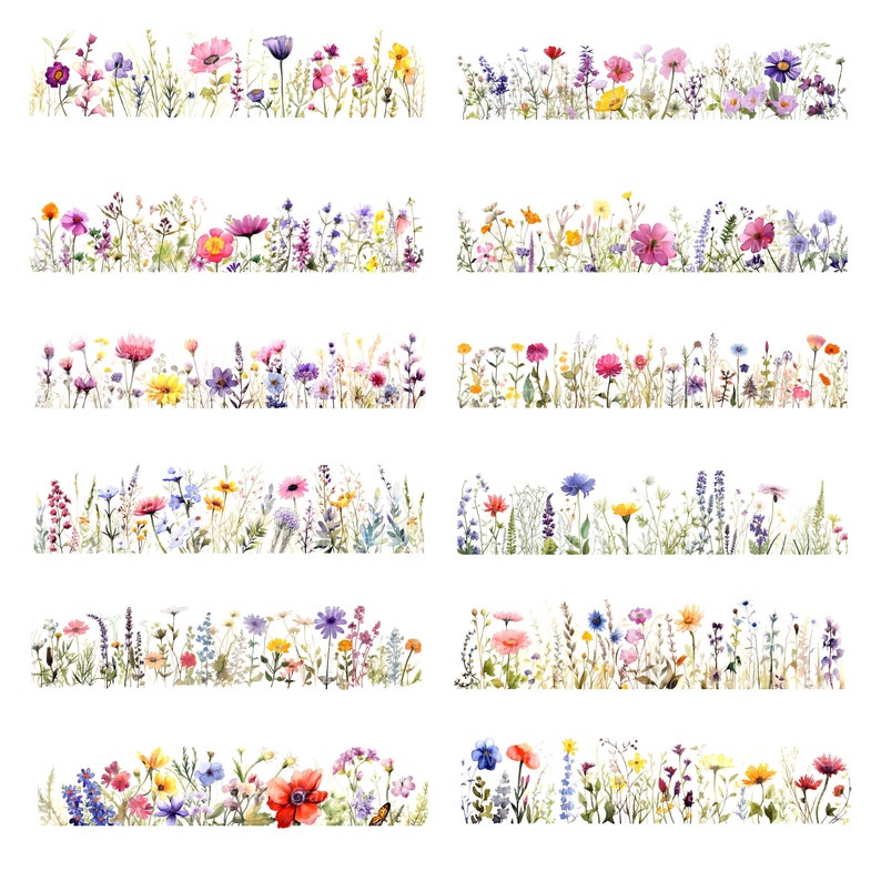 Peut inclure: Une illustration aquarelle de six rang&eacute;es de fleurs sauvages color&eacute;es, comprenant des fleurs roses, violettes, jaunes, bleues et blanches. Les fleurs sont dispos&eacute;es en ligne horizontale, les tiges s'&eacute;tendant vers la gauche et la droite.