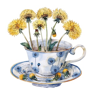 10 dente di leone in tazza da tè clipart, tazza da tè floreale, clipart acquerello stampabile, JPG di alta qualità, download digitale, mestiere di carta, diario spazzatura