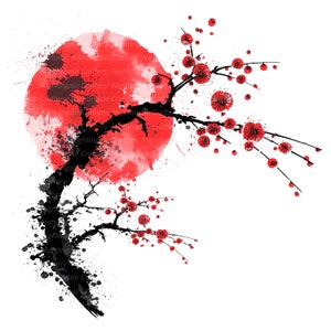 9 Clipart di Sakura e Luna, Arte murale giapponese, Ramo di Sakura, Clipart di acquerelli stampabili, PNG di alta qualità, Download digitale, Artigianato di carta