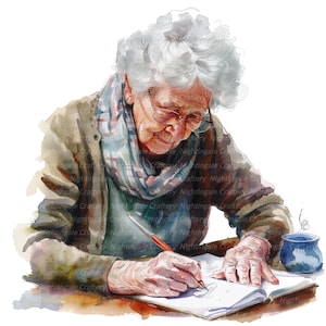 12 Senior Woman Writing Clipart, Writer Clipart, Printable Watercolor ...