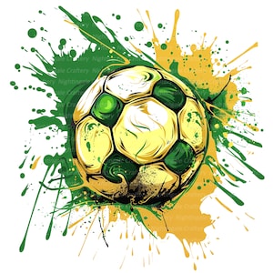 May include: A soccer ball illustration with a yellow, green, and white color scheme. The ball is surrounded by green and yellow paint splatters, creating a dynamic and artistic design. The image has a white background.