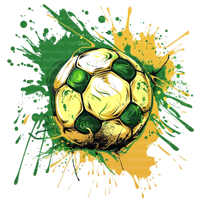 May include: A soccer ball illustration with a yellow, green, and white color scheme. The ball is surrounded by green and yellow paint splatters, creating a dynamic and artistic design. The image has a white background.