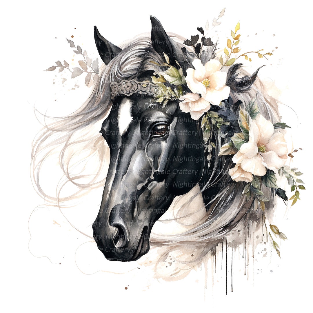 12 Floral Black Horses Clipart, Printable Adorable Horse, Watercolor ...