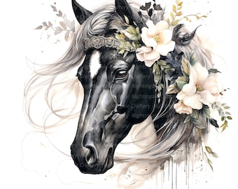 May include: A black horse head with a white star on its forehead, wearing a floral crown with white flowers and green leaves. The horse's mane is flowing and the background is white.