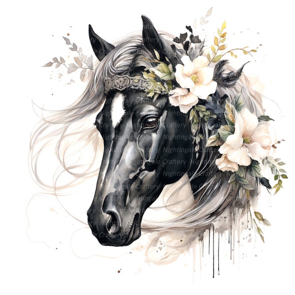 12 Floral Black Horses Clipart, Printable Adorable horse, Watercolor clipart, High Quality JPGs, Digital download, Paper craft, junk journal