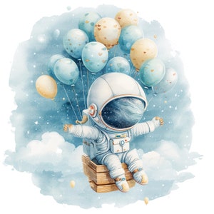 8 cliparts montgolfière astronaute, carte d'anniversaire, clipart aquarelle imprimable, fichiers JPG de haute qualité, téléchargement numérique, créations en papier, journaux intimes