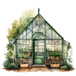 Puede incluir: Una pintura de acuarela de un invernadero de vidrio verde con una puerta de madera y una base de ladrillo. El invernadero est&aacute; rodeado de vegetaci&oacute;n exuberante y plantas en macetas.