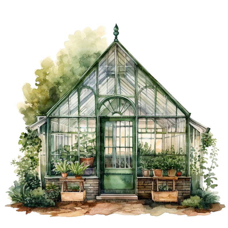 Puede incluir: Una pintura de acuarela de un invernadero de vidrio verde con una puerta de madera y una base de ladrillo. El invernadero est&aacute; rodeado de vegetaci&oacute;n exuberante y plantas en macetas.