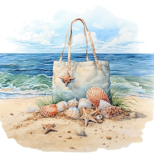 May include: A white canvas tote bag with brown leather handles sits on a sandy beach with seashells and starfish. The bag is decorated with a starfish and has a worn, vintage look.