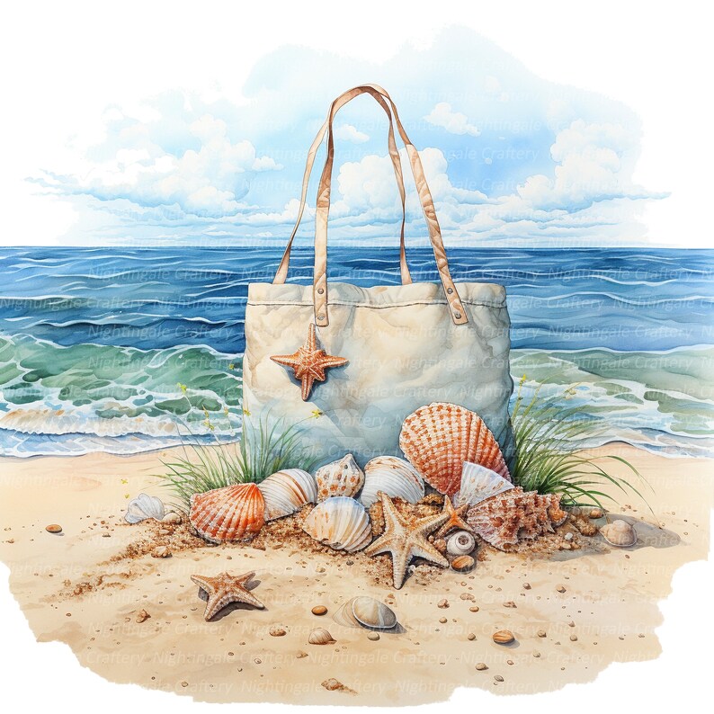 May include: A white canvas tote bag with brown leather handles sits on a sandy beach with seashells and starfish. The bag is decorated with a starfish and has a worn, vintage look.