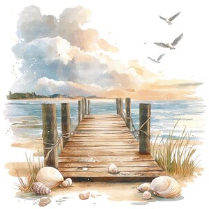 May include: A watercolor painting of a wooden dock extending into a calm blue body of water. The dock is surrounded by sand and seagrass. There are white seashells scattered on the sand. The sky is a soft blue with white clouds.